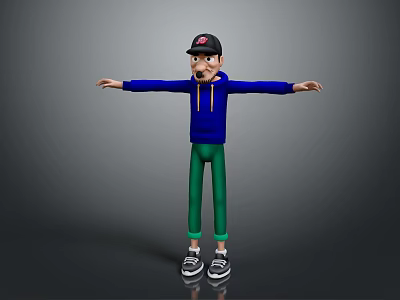 Game Movie Character Wearing Blue Hoodie Yellow Zipper Green Pants Black Cap With Arms Outstretched 3d model