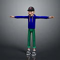 Game Movie Character Wearing Blue Hoodie Yellow Zipper Green Pants Black Cap With Arms Outstretched