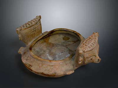 Ancient Ceramic Vessel With Carved Handles Traditional Patterns And Earthy Brown Texture 3d model