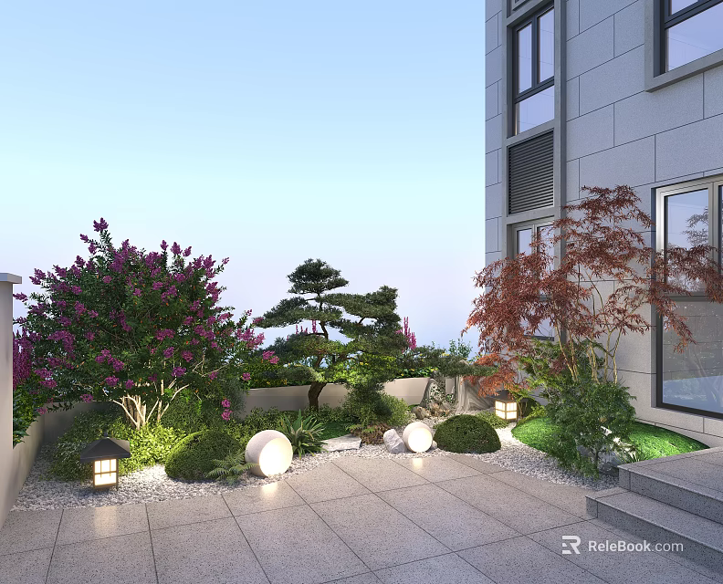 Rooftop Garden Landscape With Purple Flowering Shrubs Pine Tree Red Maple And Round White Lanterns 3d model 