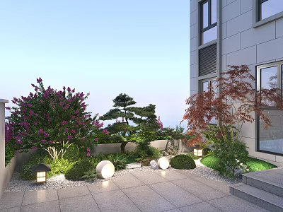 Rooftop Garden Landscape With Purple Flowering Shrubs Pine Tree Red Maple And Round White Lanterns 3d model