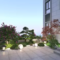 Rooftop Garden Landscape With Purple Flowering Shrubs Pine Tree Red Maple And Round White Lanterns