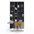 Modern L Shaped Desk With Wooden Bookshelf Orange Chair Green Plant And Round Rug