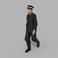 A Man in Dark Uniform Wearing Cap With Crossbody Bag Walking in Studio