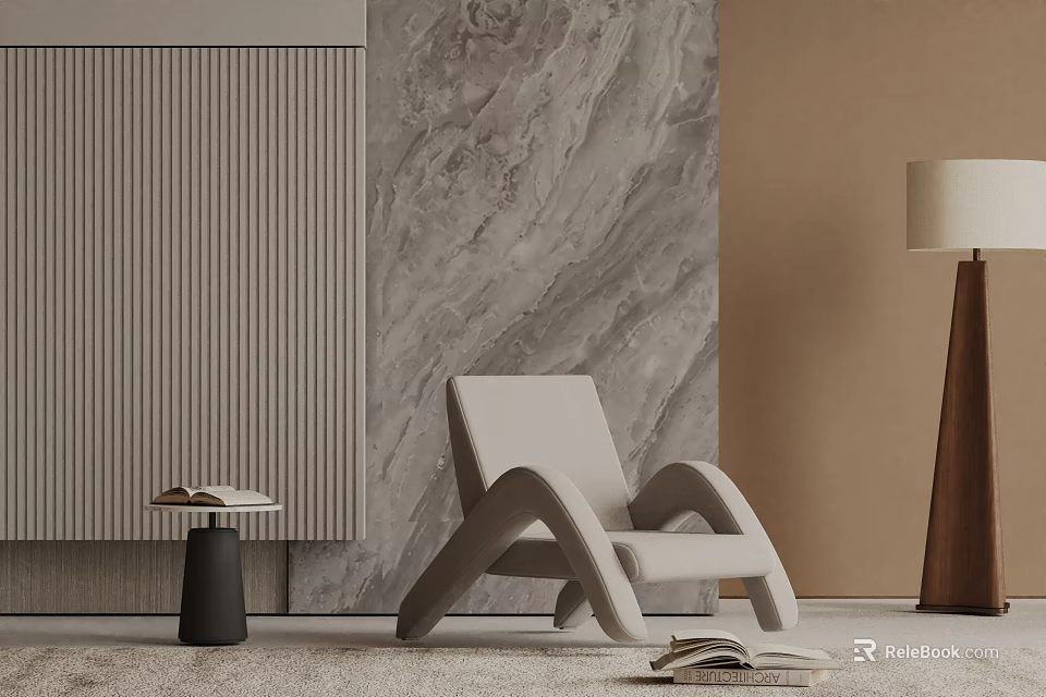 Modern Light Beige Leisure Chair With Textured Wall Side Table And Wooden Floor Lamp 3d model 