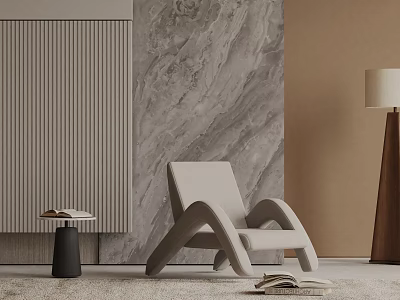 Modern Light Beige Leisure Chair With Textured Wall Side Table And Wooden Floor Lamp 3d model