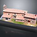 Architectural Model Of Courtyard Style Building With Red Tiled Roofs And Brick Structure