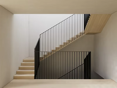 Modern Staircase Design With Wooden Steps And Black Metal Railings Against White Walls 3d model