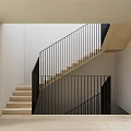 Modern Staircase Design With Wooden Steps And Black Metal Railings Against White Walls