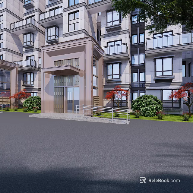 Modern Residential Building Entrance Gate With Glass And Metal Design And Green Plants Near Balconies 3d model 