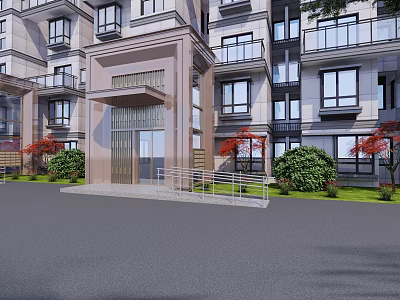 Modern Residential Building Entrance Gate With Glass And Metal Design And Green Plants Near Balconies 3d model