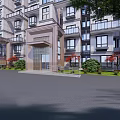 Modern Residential Building Entrance Gate With Glass And Metal Design And Green Plants Near Balconies