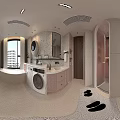 Modern Pastel Pink Bathroom Interior With Integrated Laundry Machines And Terrazzo Wall Decor Design