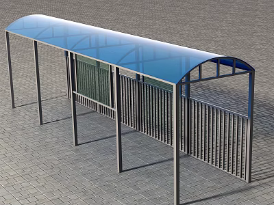 Outdoor Bus Stop Shelter With Blue Roof And Metal Frame On Brick Pavement 3d model