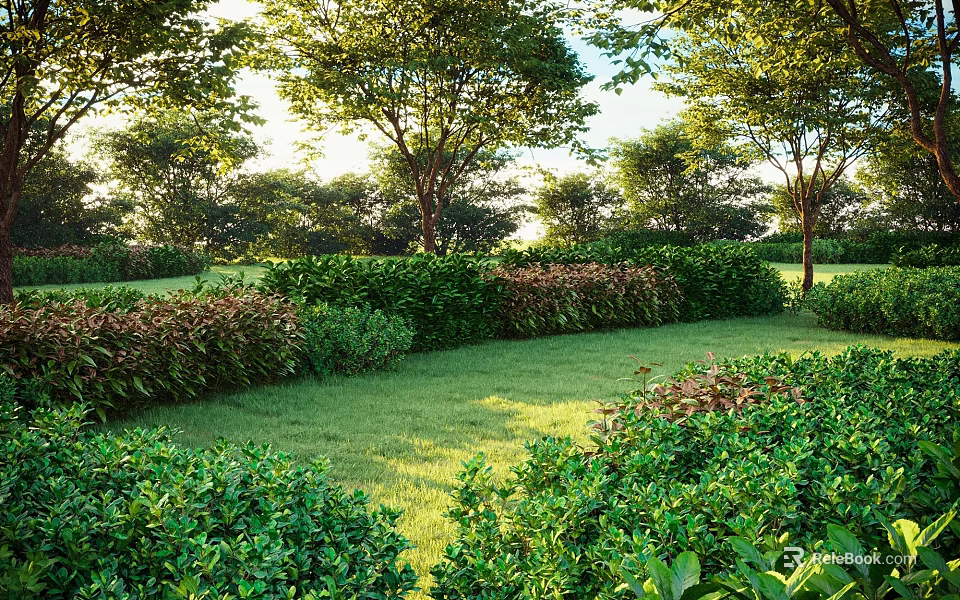 Lush Green Shrubs in WellMaintained Garden With Lush Lawn and Sunlit Trees 3d model 