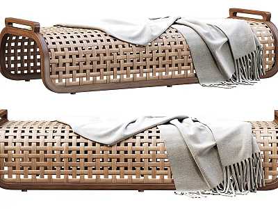 Rattan Public Chair With Wooden Frame And Light Colored Blanket 3d model