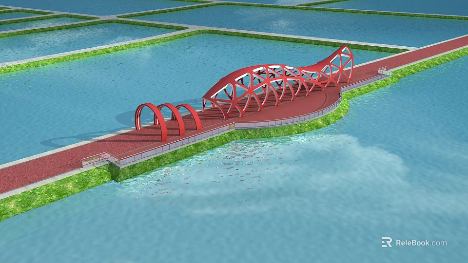 Modern Garden Ornament Red Arch Bridge Over Water Surface And Green Bank 3d model 