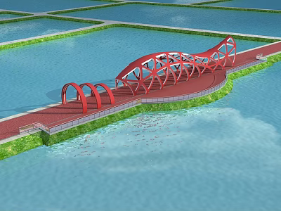 Modern Garden Ornament Red Arch Bridge Over Water Surface And Green Bank 3d model