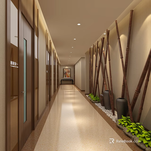 Elevator Hallway Modern Interior With Wooden Doors Bamboo Decor And Green Plants 3d model 