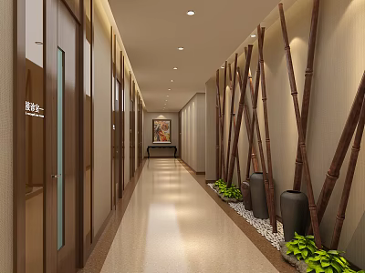 Elevator Hallway Modern Interior With Wooden Doors Bamboo Decor And Green Plants 3d model