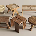 Various Wooden Stools With Woven Tops And Unique Square Round Shape Designs