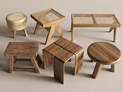 Various Wooden Stools With Woven Tops And Unique Square Round Shape Designs 3d model