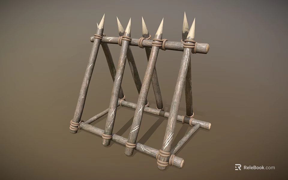 Ancient Wooden Defensive Structure With Spiked Tips Triangular Frame And Worn Texture 3d model 