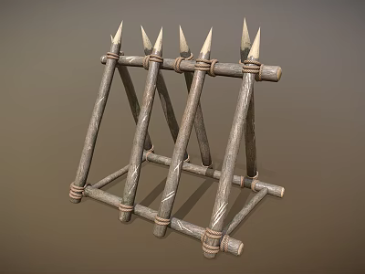 Ancient Wooden Defensive Structure With Spiked Tips Triangular Frame And Worn Texture 3d model