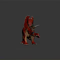 Red Triceratops Dinosaur Toy With Detailed Textured Skin White Horns On Dark Background