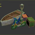 Outdoor Urban Scene Featuring Wooden Boat Street Lamp Orange Motorcycle And Green Trash Bin