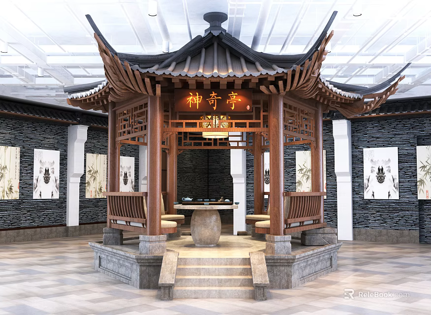 Shenqi Zhai Traditional Chinese Pavilion With Hanging Paintings Stone Walls Wooden Benches And Stone Table 3d model 