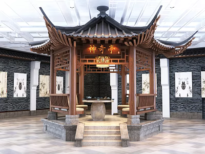 Shenqi Zhai Traditional Chinese Pavilion With Hanging Paintings Stone Walls Wooden Benches And Stone Table 3d model