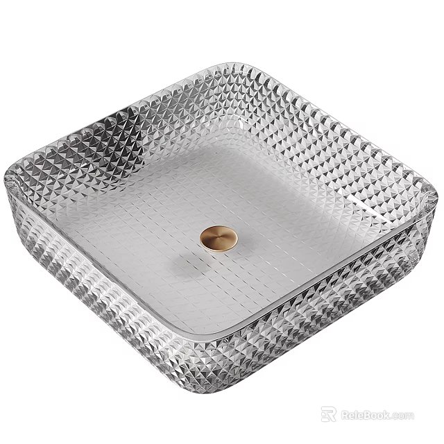 Elegant Silver Square Washbasin with Diamond Textured Surface and Golden Center Drain 3d model 