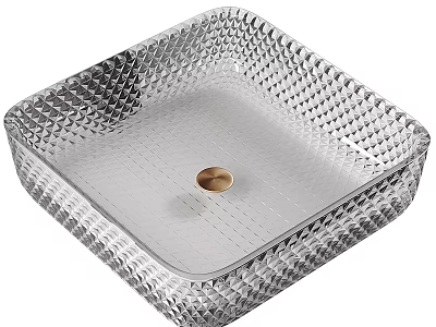 Elegant Silver Square Washbasin with Diamond Textured Surface and Golden Center Drain 3d model