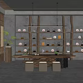 Traditional Tea Room Interior With Wooden Shelves Tea Sets Long Table Hanging Lamps And Plants