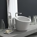 Contemporary White Ceramic Vessel Sink with Chrome Faucet Glass Vases and Soap on Gray Countertop