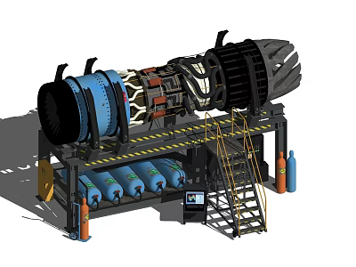 Industrial Equipment With Machinery Blue Cylindrical Components Yellow Warning Stripes Metal Frame Ladder And Tanks 3d model