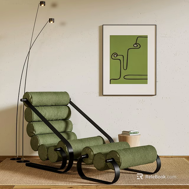 Modern Green Upholstered Lounge Chair With Black Metal Frame And Wall Art 3d model 