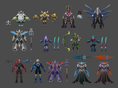 Game and Movie Character Designs with Varied Outfits Weapons and Armor 3d model