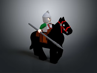 Lego Knight Figure Riding Black Horse With Silver Helmet And Spear 3d model