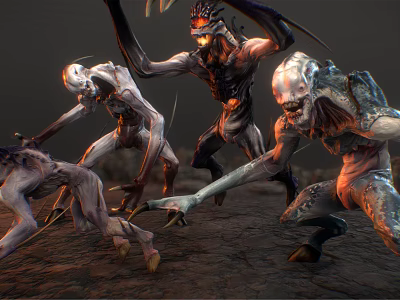 Mythical Characters And Spiked Creatures In Dynamic Combat Poses With Glowing Features On Rocky Terrain 3d model