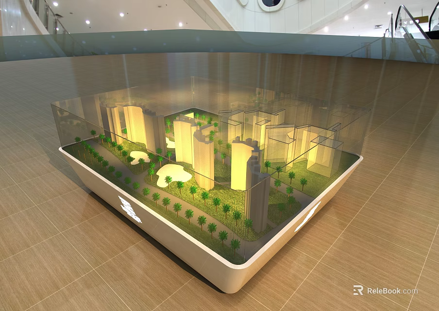 Modern Shopping Mall Counter Display With Architectural Model Green Plants And Lighting 3d model 