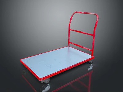 Red Metal Platform Cart With Silver Flat Surface And Four Wheels 3d model