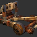 Ancient Medieval Catapult Weapon Featuring Wooden Frame Wheels And Stone Projectile
