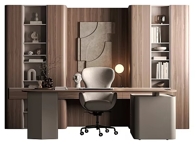 Modern Office Desk Design With Ergonomic Chair Wooden Bookshelves Decorative Items And Table Lamp 3d model