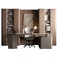 Modern Office Desk Design With Ergonomic Chair Wooden Bookshelves Decorative Items And Table Lamp