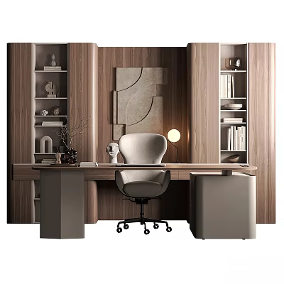 Modern Office Desk Design With Ergonomic Chair Wooden Bookshelves Decorative Items And Table Lamp 3d model