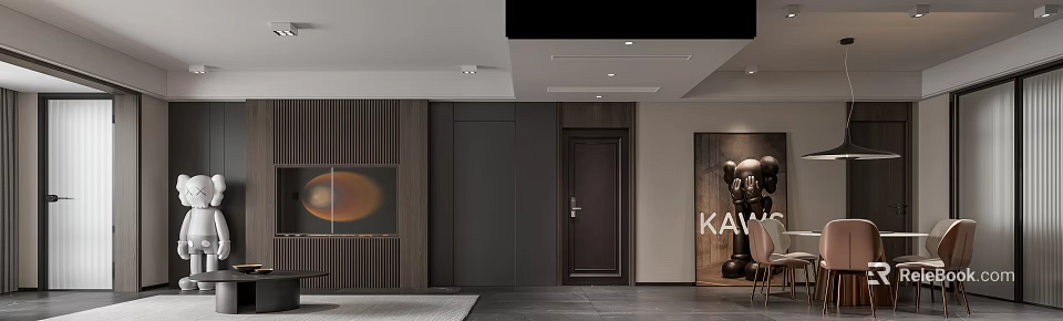 Modern Living Dining Room Interior With Wooden Wall Panels Dark Door And Artwork 3d model 