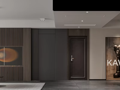 Modern Living Dining Room Interior With Wooden Wall Panels Dark Door And Artwork 3d model