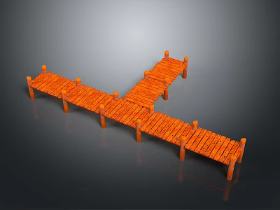 Orange Cross Shaped Wooden Walkway With Support Posts And Wooden Planks 3d model